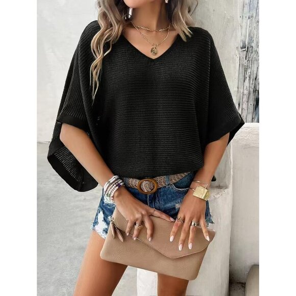 Women's Short Sleeve Knit Top Viscose Hollow Out Summer Beach Coverup - Picture 7 of 7